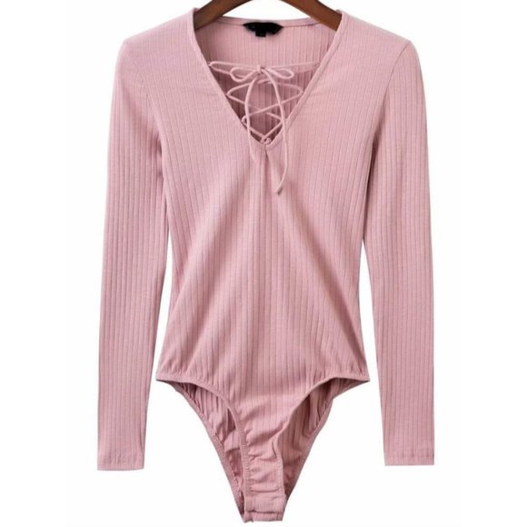 ✨H&M DUSTY PINK LACE UP V NECK RIBBED BODYSUIT - SIZE: US S - Picture 4 of 8
